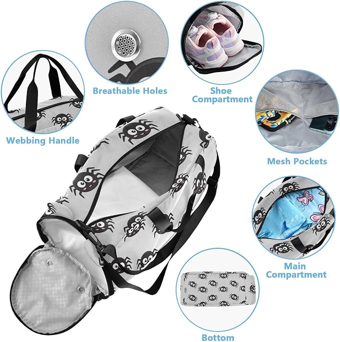 Cute Spider Animal Print Kids Sports Duffle Bag for Boys Girls Toddler Weekender Overnight Bag with Shoe Compartment & Wet Pocket Travel Foldable Bag for Dance Travel Gym Sport