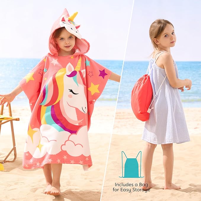 Joiedomi Kids Beach Towels with Hood for Girls Pink Unicorn Hooded Toddler Bath Towel Quick Dry Soft Microfiber 24"x24"