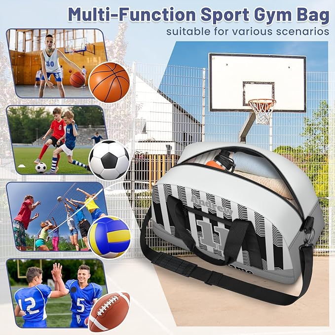 Basketball Soccer Gifts for Boys Girls - Custom Sports Duffle Bag, Personalized Name & Team Bag, Water-Resistant Gym Bag for Basketball, Soccer, Volleyball | Y-Grey Black