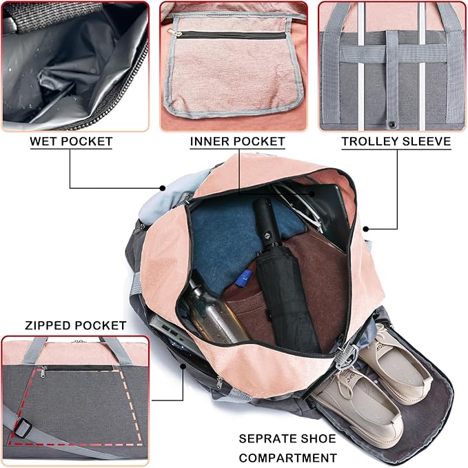 Gym Bags for Women Men with Wet & Shoe Compartment, 40L Foldable Travel Duffle Bag, Lightweight Weekender Overnight Duffel Bag for Traveling Sports Gym(Pink)