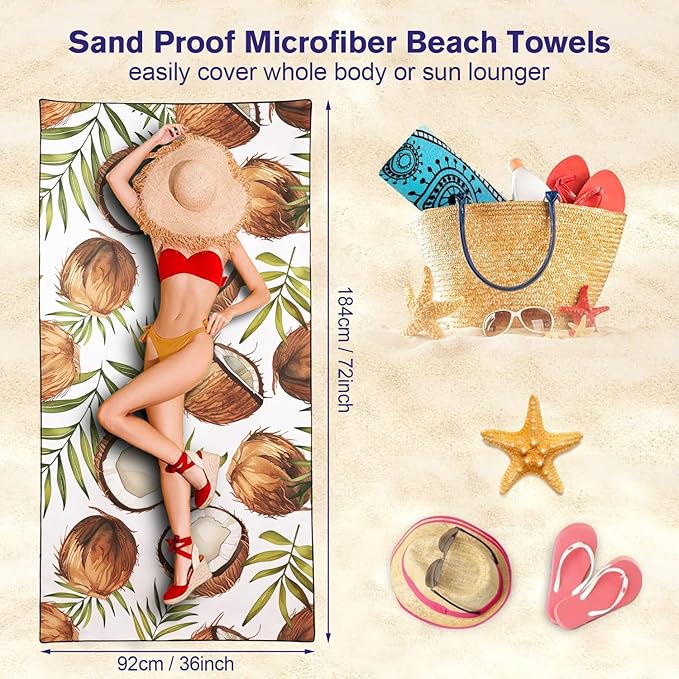 Coconuts Pattern Beach Towel Extra Large 36" x 72", Thin Lightweight Microfiber Towels with Fruit Design, Sand Free and Quick Dry, Compact Bag