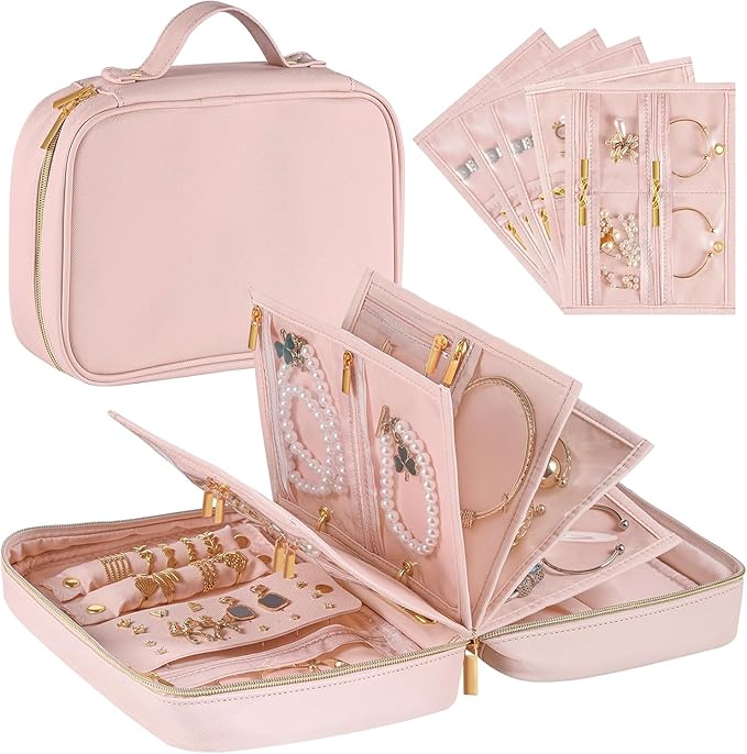 Travel Jewelry Case Organizer for Women, Jewelry Storage Book with Small Pouch, Travel Jewelry Bag Case for Traveling Necklace, Earrings, Rings, Bracelet Organizer (Pink)