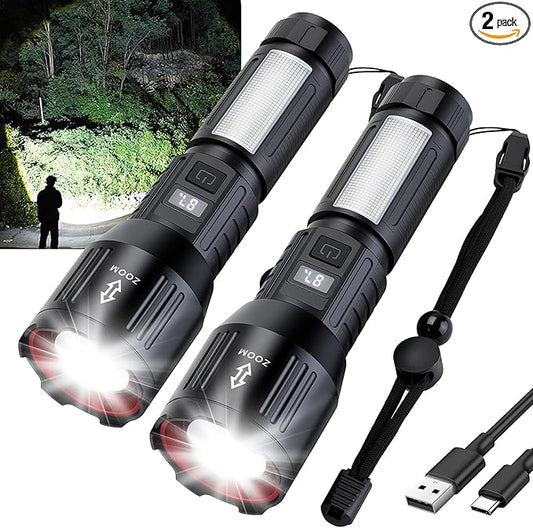 Flashlight High Lumens Rechargeable 2 Packs, 1,500,000L Handheld LED Flashlights High Powered, Adjustable Super Bright Flash Lights with 6 Modes, Cob Side Light, Tactical Flashlight for Emergency