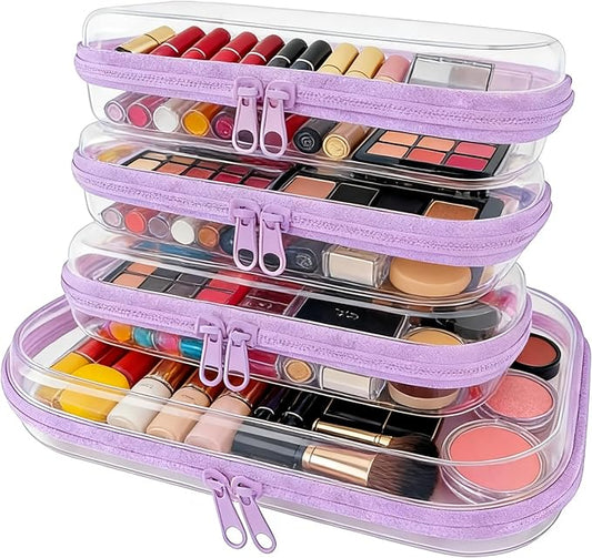 4Pcs/3S+1M Clear Hard Shell Zippered Travel Case – Plastic Organizer Pouch for Toiletries, Cosmetic Bag, Diaper Bag & Packing Accessories (Purple, Set B)
