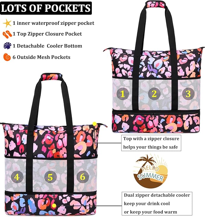 JIANYA Beach Bag Women Waterproof Sandproof Beach Tote Bags with Cooler Top Zipper Large Totes for Pool Travel Daily