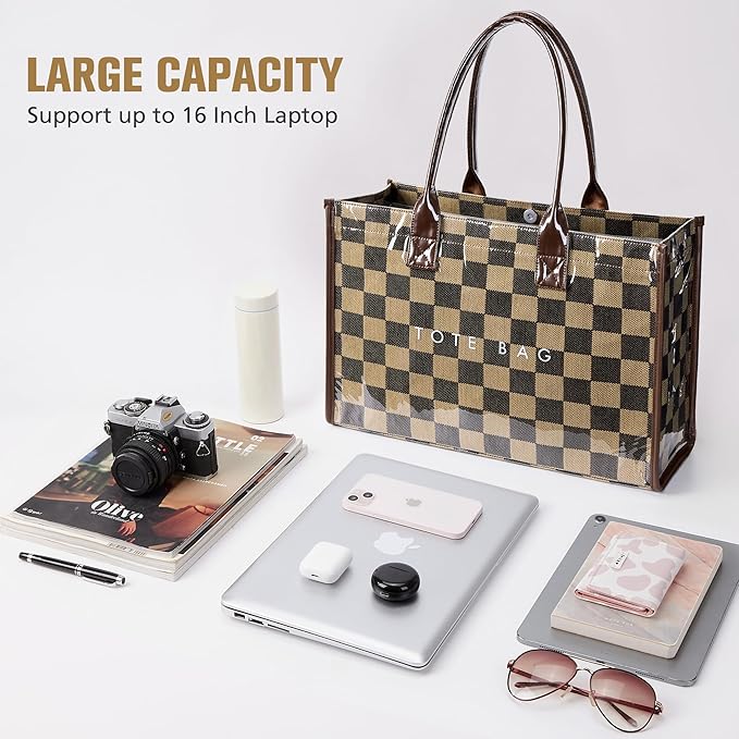 KALIDI PVC Tote Bag Women’s Kraft Paper Work Handbags Purses with Top Handle