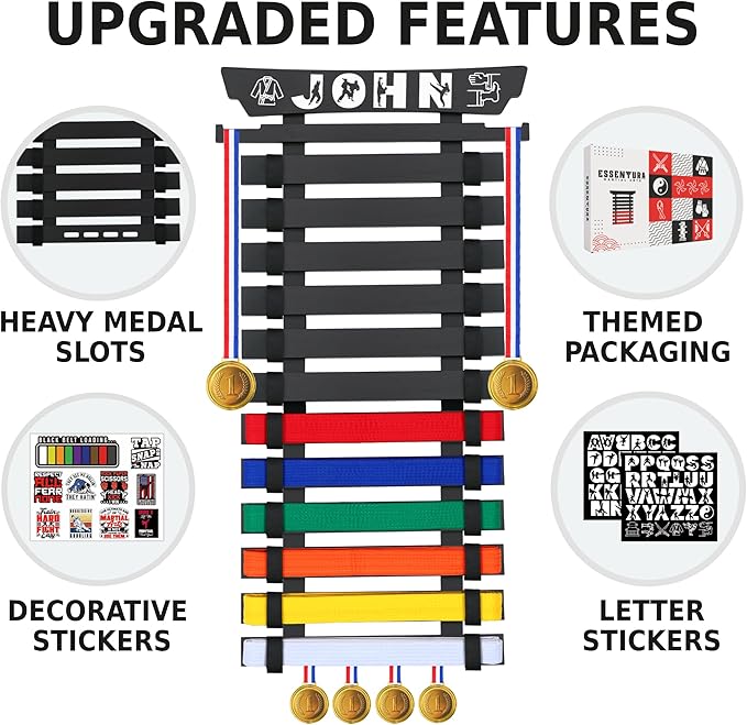 10/12 Belts Karate Belt Display Rack, Pure Bamboo Wood, Themed Stickers, Medal Hangers - Taekwondo Belt Display, Jiu Jitsu, BJJ, Martial Arts
