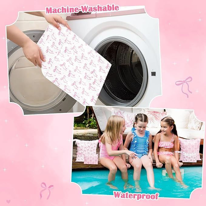 R HORSE 5Pcs Waterproof Baby Diaper Bag, Cute Pink Bow Wet Dry Bag with Handle Zipper Toiletry Organizing Pouches for Cloth Diapers Swimsuits Travel Beach Pool Essentials for Boys Girls
