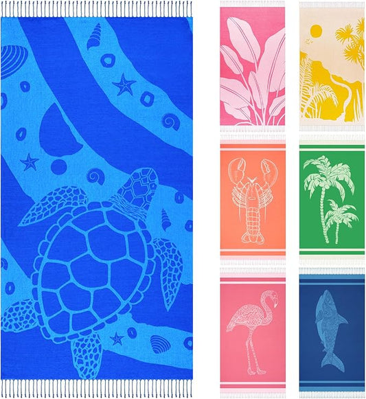Genovega Oversized Turkish Beach Towel 72"x36" for Adult, Lightweight Quick Dry Bath Pool Swim Blanket, Sand Free with Compact Travel Essentials, Blue Turtle Vacation Cruise Must Haves Clearance