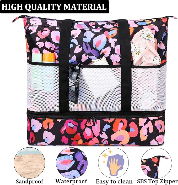 JIANYA Beach Bag Women Waterproof Sandproof Beach Tote Bags with Cooler Top Zipper Large Totes for Pool Travel Daily