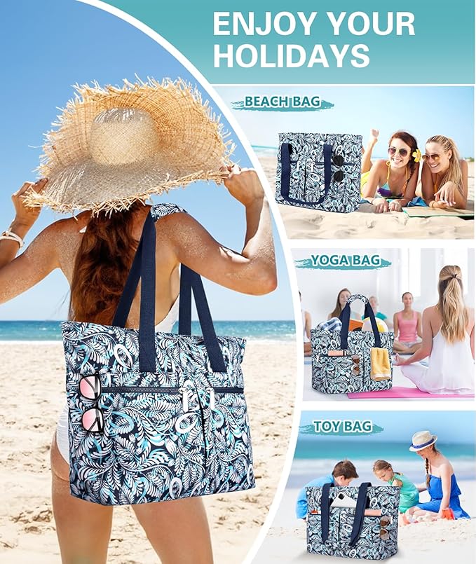 HUANLANG Large Beach Bags for Women Pool Bag with Zipper, Waterproof Sandproof Beach Tote Travel Bag with Wet Pocket | Waterproof, Large capacity, Dry/wet separation, Durable fabric, Cooling function, sandproof