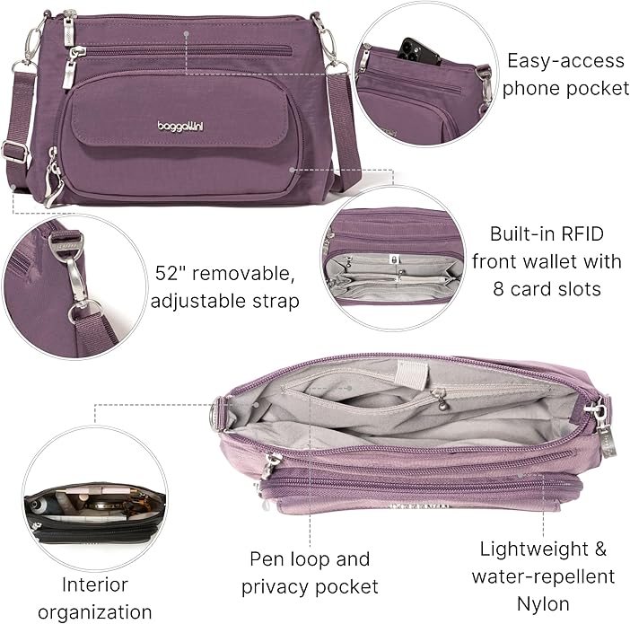 Baggallini Original Everyday 11x7.5 Crossbody Bags Rfid Protected Lightweight Nylon Zippered Travel Purse