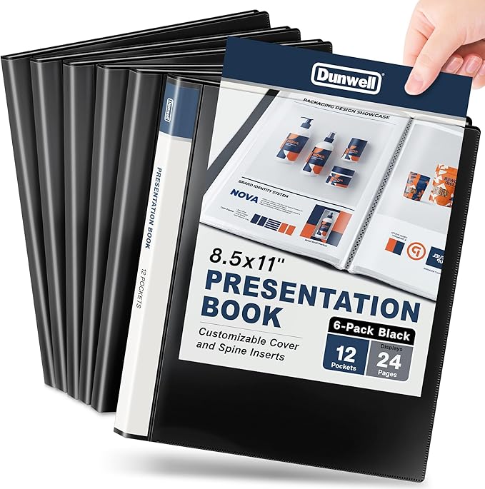 Dunwell Presentation Binder 12-Pocket, Displays 24 Pages, 8.5x11 Portfolio Binder with Plastic Sleeves, Storage and Organizer for Documents, Certificates, Projects, Photos (6 Pack, Black)