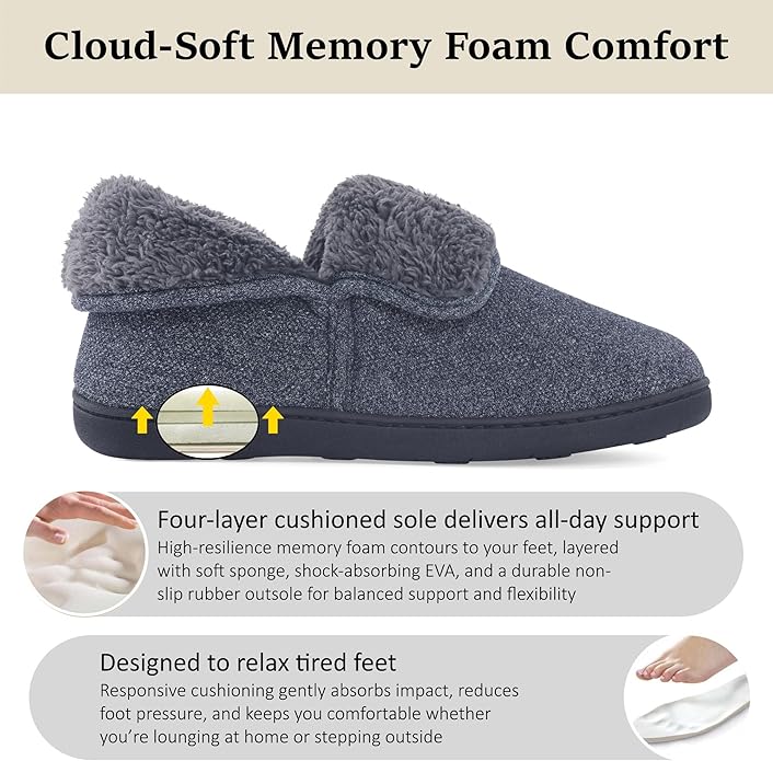 Men’s Knit Bootie Slippers Warm Fold-Over Ankle Collar Plush Fleece Lined Memory Foam House Shoes Cozy Winter Non-Slip Indoor Outdoor Slippers for Men
