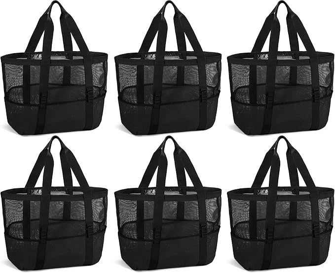 Hillban Large Beach Mesh Bags Bulk for Women Beach Tote Bag with 8 Pocket Zipper Waterproof Sandproof for Pool Cruise Ship