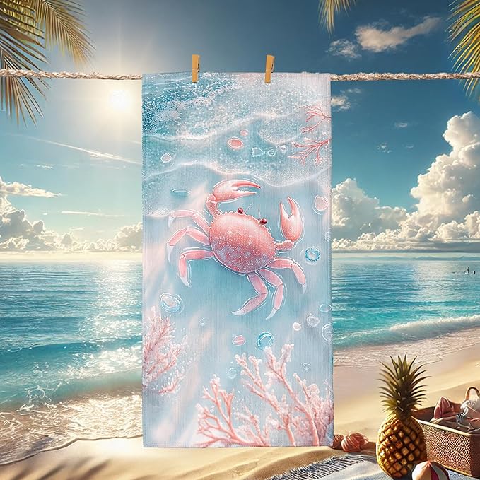 Ocean Blue Crab Microfiber Beach Towel, Quick Dry Sand Free Lightweight Bath Towel, Travel Essentials for Pool Picnic Camping Outdoor 62x31 Inch