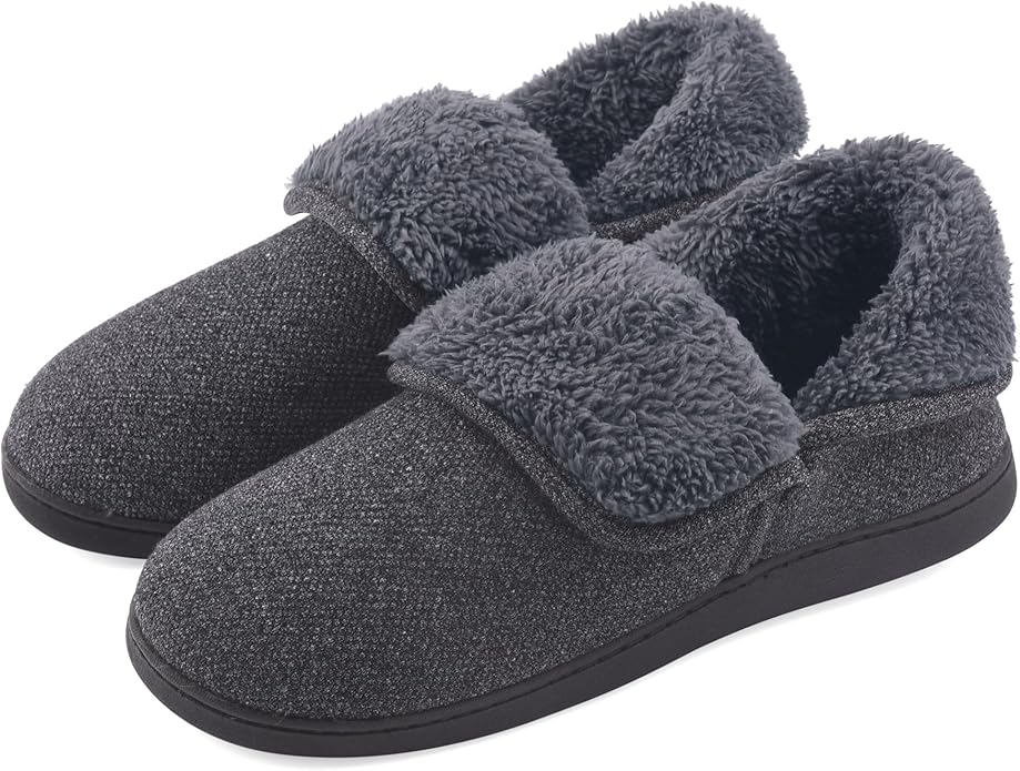 Men’s Knit Bootie Slippers Warm Fold-Over Ankle Collar Plush Fleece Lined Memory Foam House Shoes Cozy Winter Non-Slip Indoor Outdoor Slippers for Men