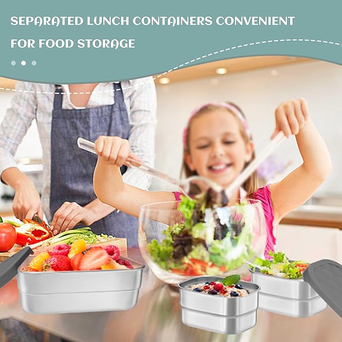 HaWare 8oz*2+25oz Stainless Steel Lunch Box for Kids, Leak Proof Lunch Containers with Silicone Lids, Easy Open Food Storage Container for School and Daycare, Portable Metal Bento Box, Dishwasher Safe