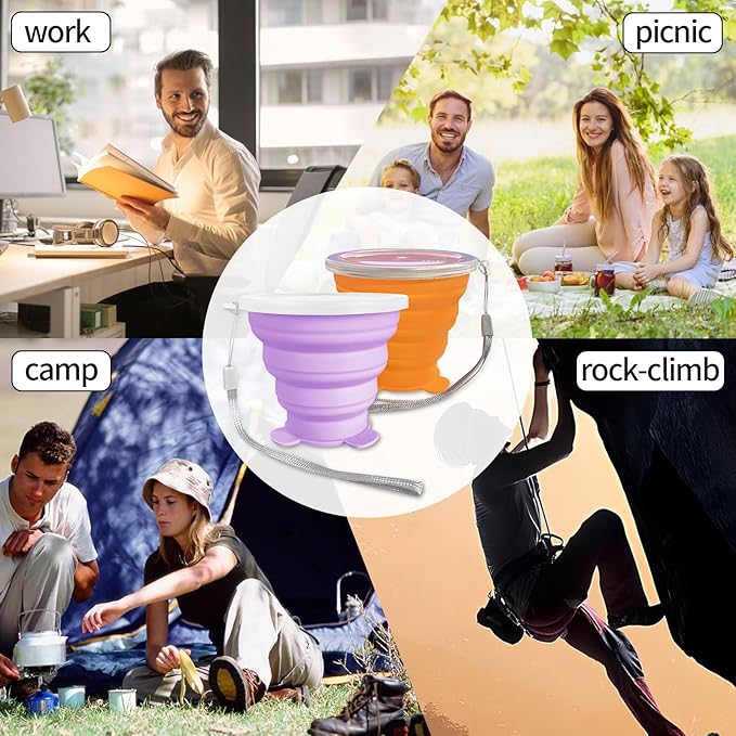 Collapsible Cups, Silicone Collapsible Travel-Cup, Expandable Folding Camping Drinking Cups with Lids Reusable Small Portable Mugs-Cup for Travel, Camping, Hiking, Beach, Outdoor Sports