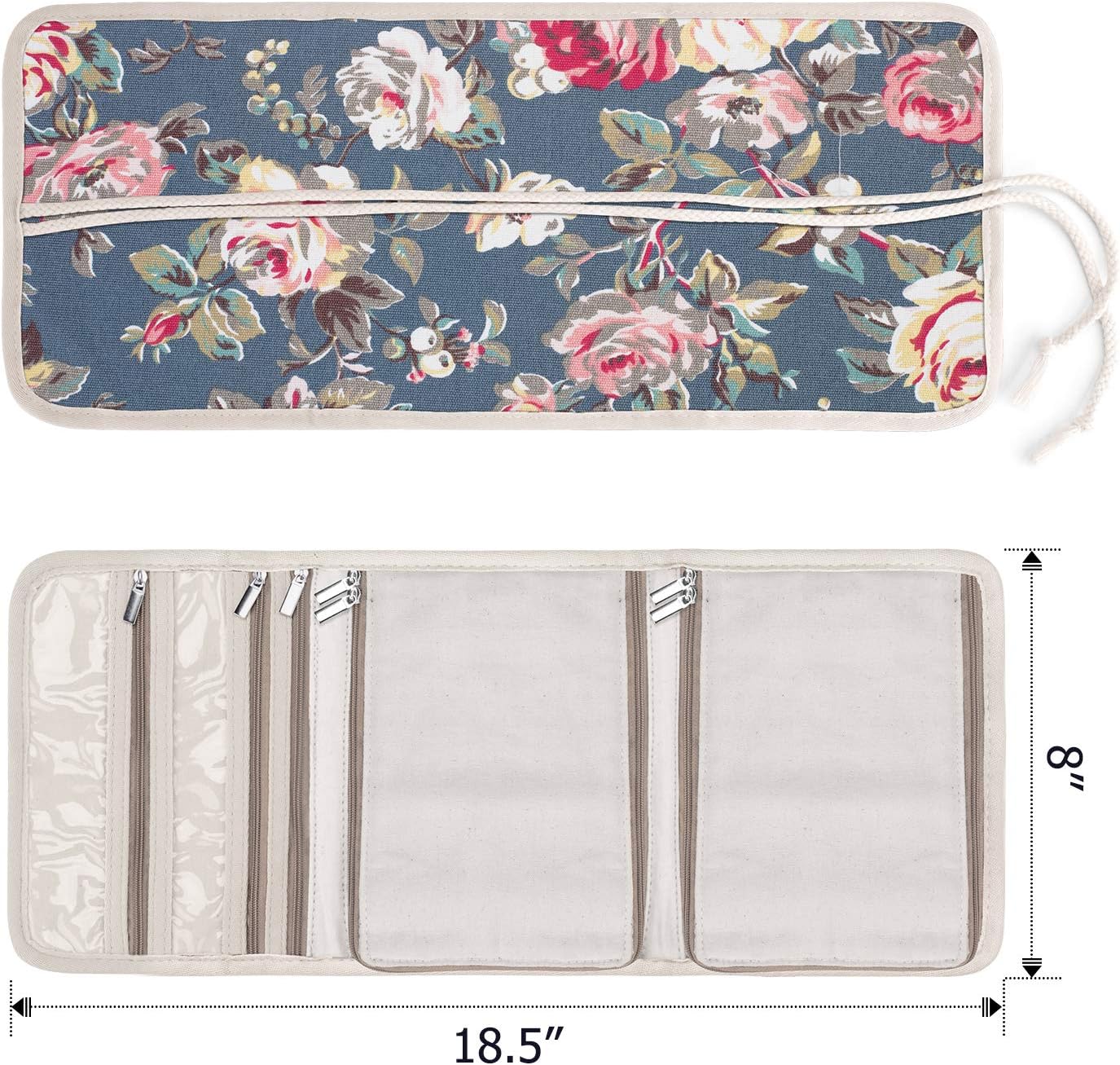 Teamoy Travel Jewelry Roll, Jewelry Storage Bag Organizer for Necklaces, Earrings, Bracelets, Rings, Brooches and More, Compact and Easy to Carry, Peony