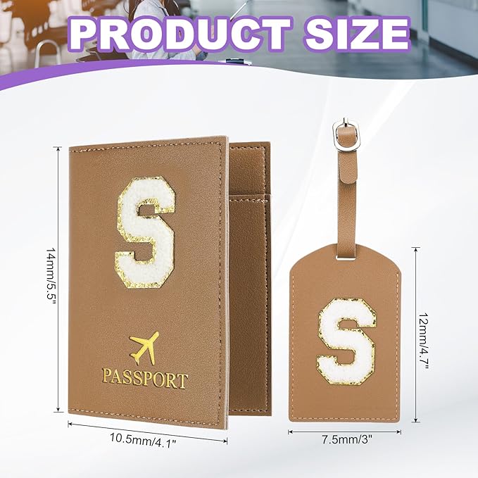 PATIKIL Passport Holder for Travel, Initial Passport Cover and Luggage Tag Set with Alphabet Chenille Letter Patch Travel Wallet Bag Suitcase Identifier for Women Family Travel Brown S