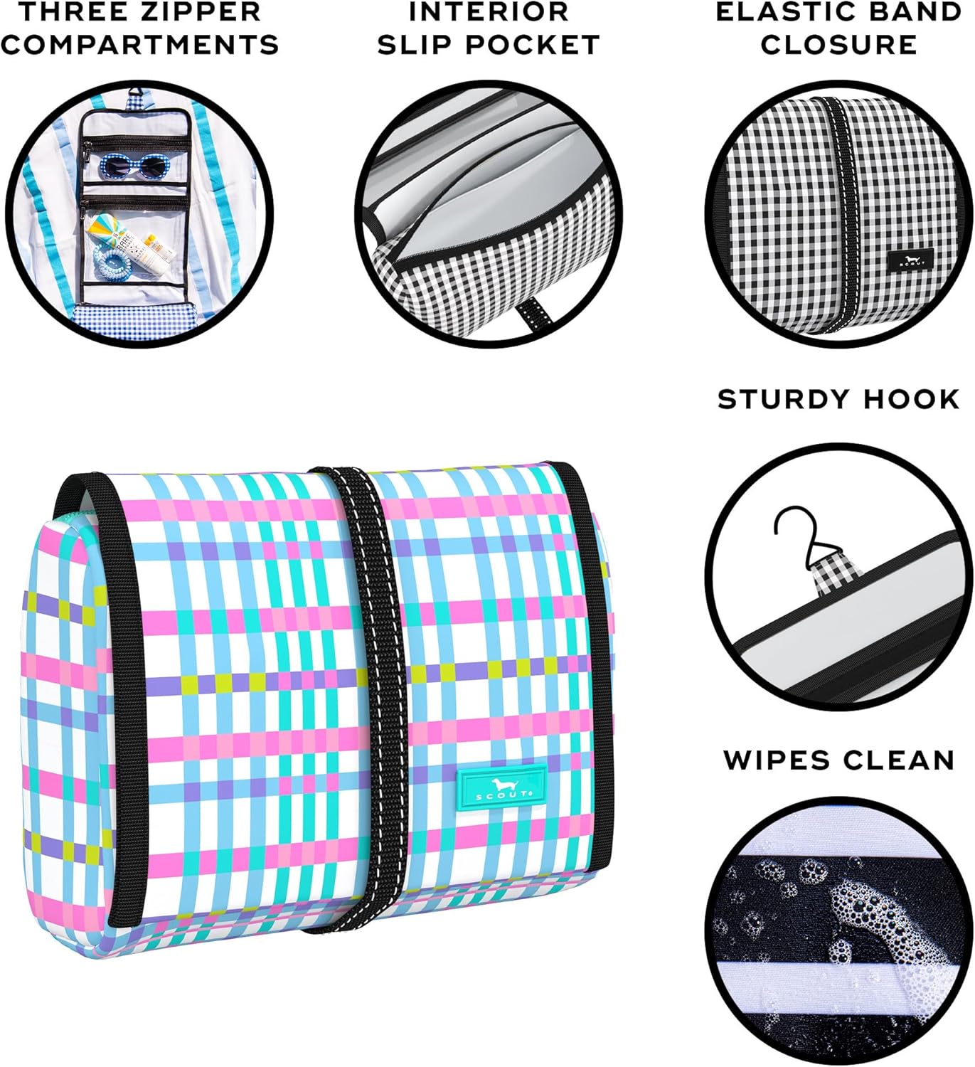 SCOUT Beauty Burrito Hanging Toiletry Bag - Cosmetic Organizer with 3 Compartments, Rolls Up to Pack, Hook for Hanging