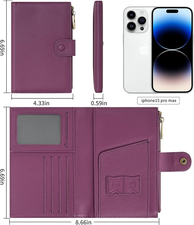 WASON Leather Passport Cover Travel Wallet RFID Blocking – Passport Holder Slot with Zipper Pocket for lD, Boarding Pass,Ticket, Cash, SD Card, Travel Essentials for Men and Women (Purple)