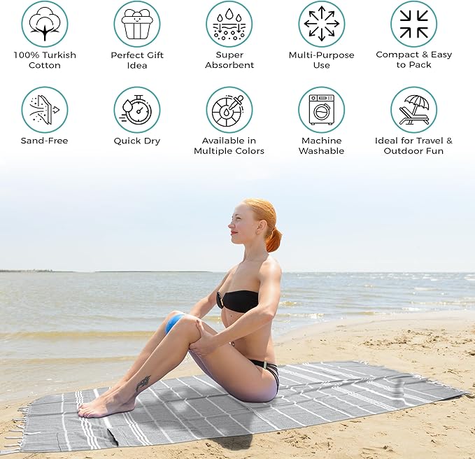 Turkish Beach Towel with Hidden Zipper Pocket 100% Cotton Oversized 72 x 37 Inches Quick Dry Sand Free Lightweight Compact for Beach, Pool, Travel, Bath, and Yoga (Light Gray)