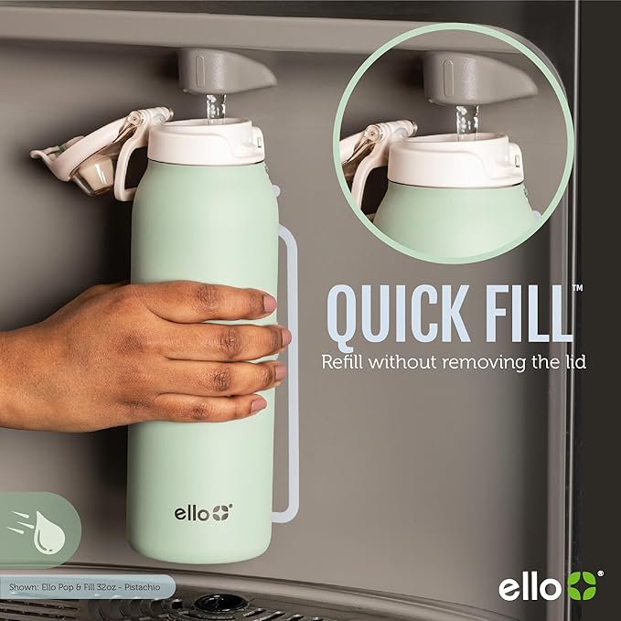 Ello Pop & Fill 32oz Stainless Steel Water Bottle with QuickFill Technology, Double Walled and Vacuum Insulated Metal, Leak Proof Locking Lid, Straw and Chug, Reusable, BPA Free, Take a Bow