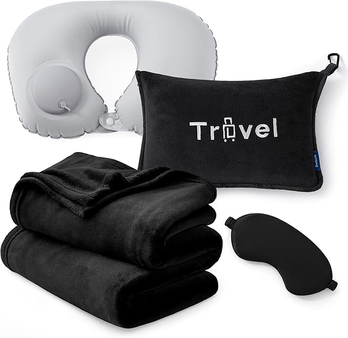 Bedsure Travel Blanket and Pillow Set with Inflatable Neck Pillows, Eye Mask and Storage Bag, Lightweight 3-in-1 Airplane Packable Blanket, Compact Travel Essentials, Black