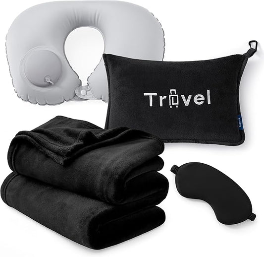 Bedsure Travel Blanket and Pillow Set with Inflatable Neck Pillows, Eye Mask and Storage Bag, Lightweight 3-in-1 Airplane Packable Blanket, Compact Travel Essentials, Black