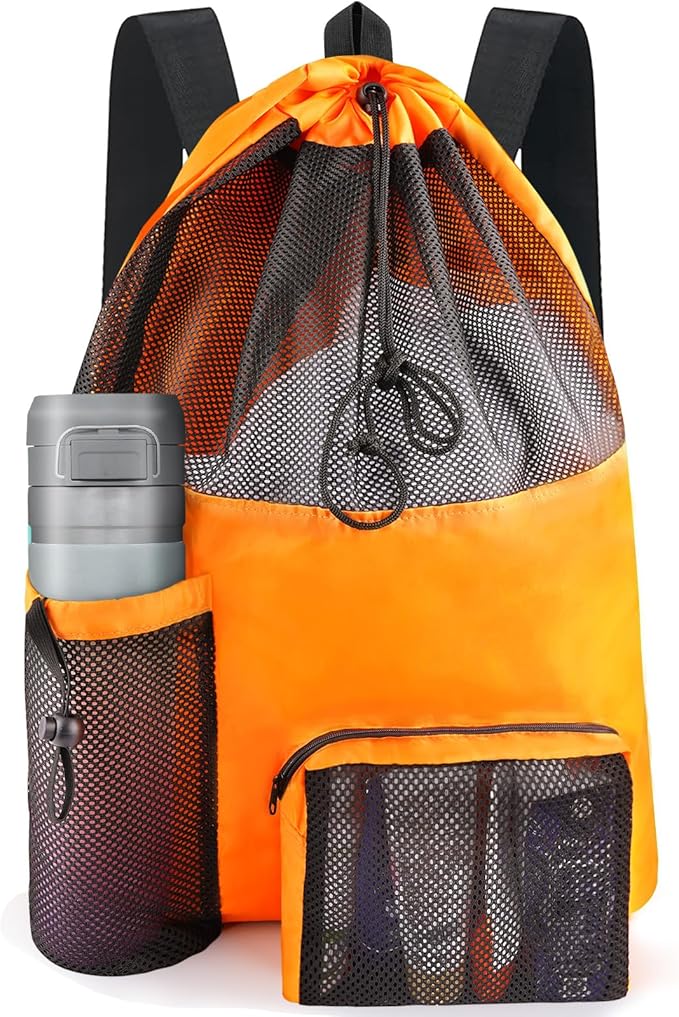 Swim Mesh Beach Bag, Waterproof Gym Bags for Women and Men, Large Pool Bag Swimming Gear Drawstring Backpack