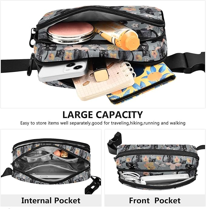 Kawaii Black Kittens Flowers Fanny Pack for Women Men Water Resistant Fashion Waist Packs with Adjustable Strap Belt Bag for Travel Workout Jogging Hiking 21219385