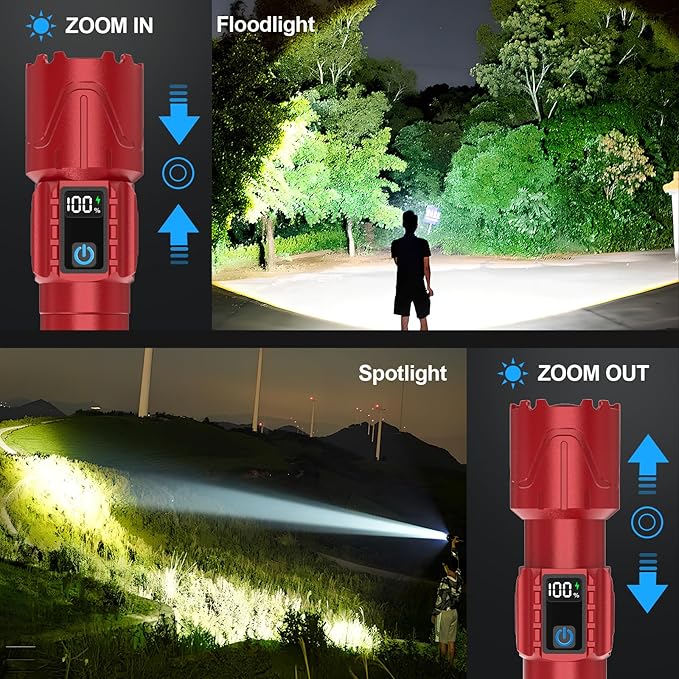 Rechargeable Tactical Flashlights 2000 High Lumens - 5000mAh Super Bright LED Powerful Flash Light, Waterproof Handheld USB C Flashlight for Home,Car,Camping,Emergencies,5 Modes,Zoomable (1, Red)