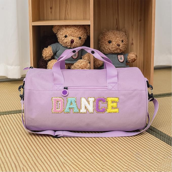 Large Size Dance Bag for Girls Kids Toddler Teens,Purple Ballet Gym Bag with Plush Chenille "DANCE" Letters,Sport Duffle Gym bag for Ballet Class, Sports & Practice 16.5"Lx9"Wx9"H
