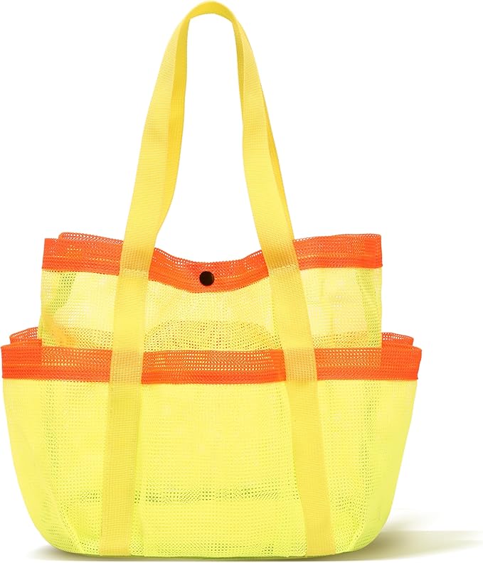 Mesh Beach Bag, Foldable Waterproof Sandproof Beach Storage Tote with 6 Pockets, Swim Tropical Vacation Pool Essential