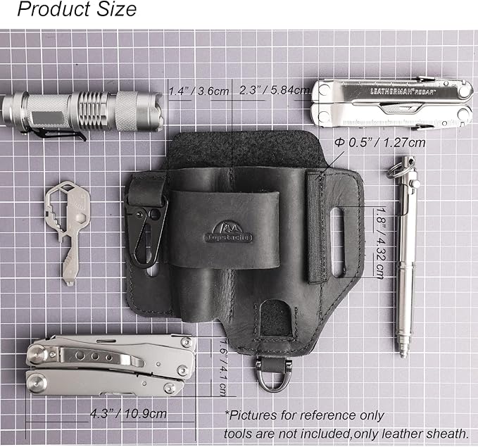 Topstache Leather Multitool Sheath,EDC Belt Organizer for Work and Daily Use,Leatherman Sheath,EDC Pocket Organizer for Flashlight and Multitool,Gifts for Men,Leather Sheath for Multitool,Black