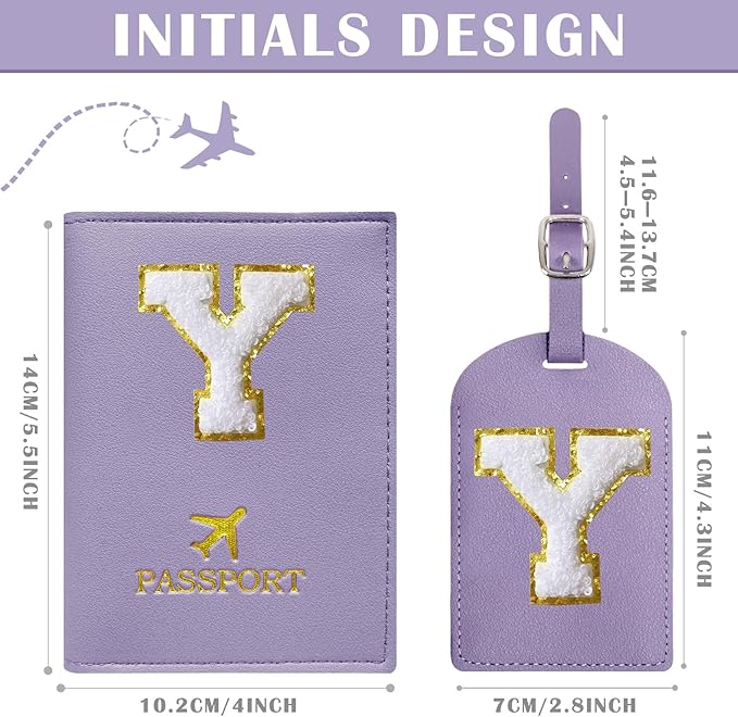 COSHAYSOO Purple Initial Passport Cover Holder and Luggage Tag Set TSA Approved with Letter Name Patch for Women Teenage, Travel Passport Book Vaccine Card Combo Bag Suitcase Identifier (Y)