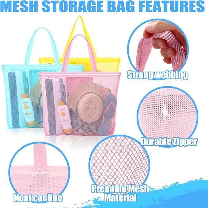 3 Pcs Mesh Beach Bags Portable Mesh Shower Beach Toy Bag With Drawstring Extra Large Tote Hanging Toiletry Bath Organizer for Camping Swimming Gym Travel