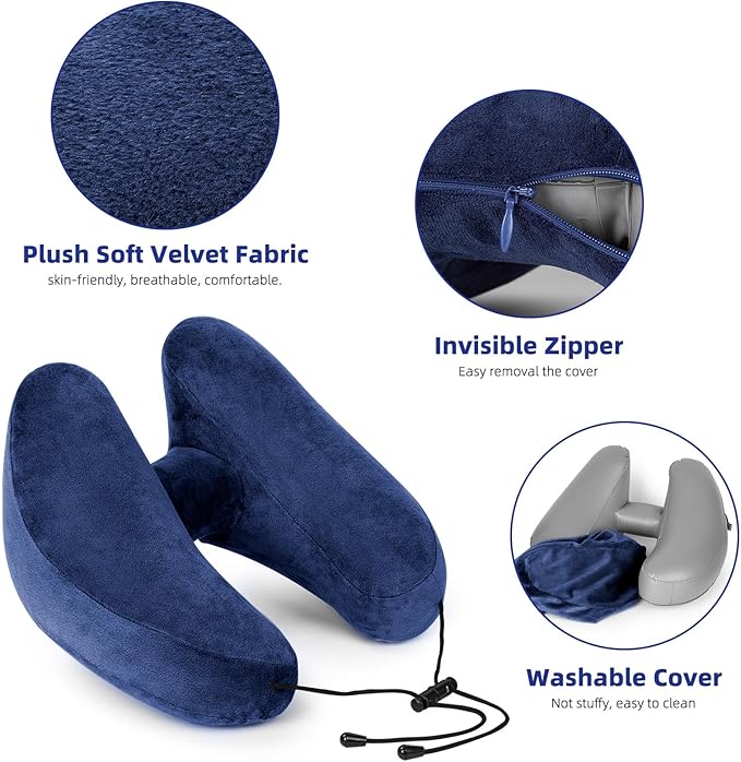 Inflatable Travel Pillow, H-Shape Inflatable Neck Pillow for Traveling on Plane, Washable Cover Travel Pillow Airplane Pillow for Neck Support, Blow up Neck Pillows for Air Travel