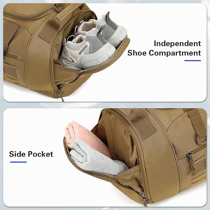 Gym Bag for Men Women 45L Sports Duffle Bag for Travel Tactical Military Duffel Bag with Shoe & Laptop Compartment Lightweight Medium Weekender Travel Bags for Fitness Training Workout, Brown