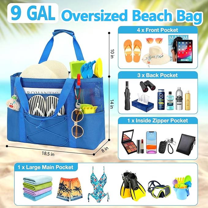Mesh Beach Bag, Large Beach Tote with Zipper Pocket, Toys Pool Bag for Family Travel Vacation Cruise Essentials