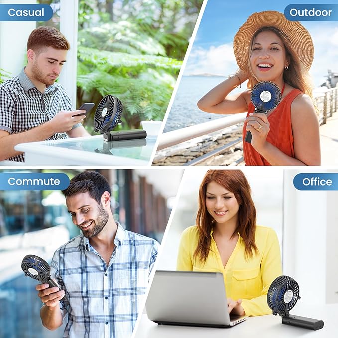 HandFan 5200mAh Portable Handheld Fan Rechargeable - 3 Speeds Foldable Personal Cooling, 2-IN-1 Hand Held Fan Battery Operated, 20H Runtime for Travel/Summer/Concerts/Women (Black&Blue)