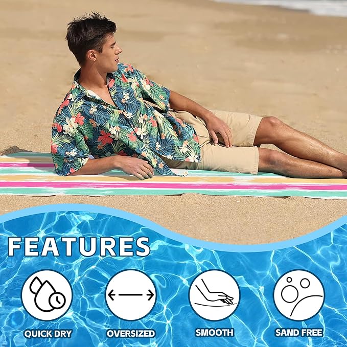 Microfiber Beach Towels,Watercolor Bohemian Yellow Green Pink Stripes Oversized Absorbent Bath Towels,Soft Quick Dry Thin Camping Towel for Adults Women Men,29.5"×59"
