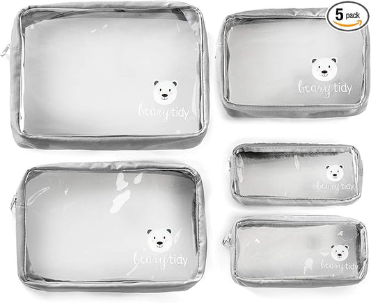 5 Piece Diaper Bag Organizer Pouch Set, Clear with Zippers and Nestable