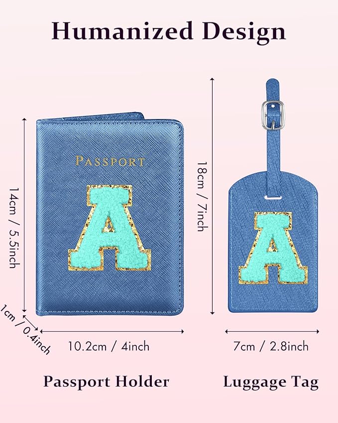 Slohif Passport Holder Initial Lugguage Tag Set Suitcase Cover Wallet Case for Travel Women - Leather Letter Passport Book Personalized Organizer Card Protector Sleeve Essentials Slim Carrier Blue A