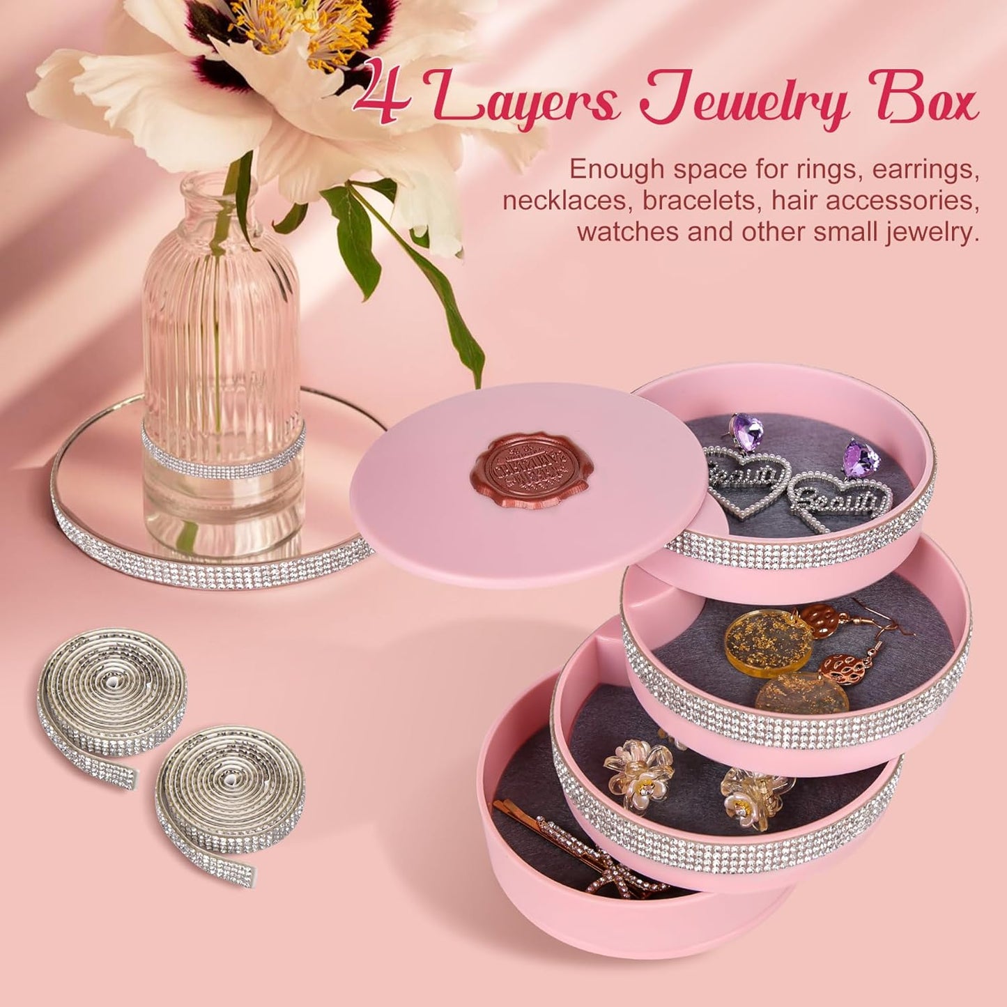 CONBOLA Jewelry Holder Organizer, Christmas Gifts Ideas for Women, Small Jewelry Storage Box Earring Holder, 5-Layer Rotating Jewelry Storage Tray with Lid for Bracelets Rings Bracelets