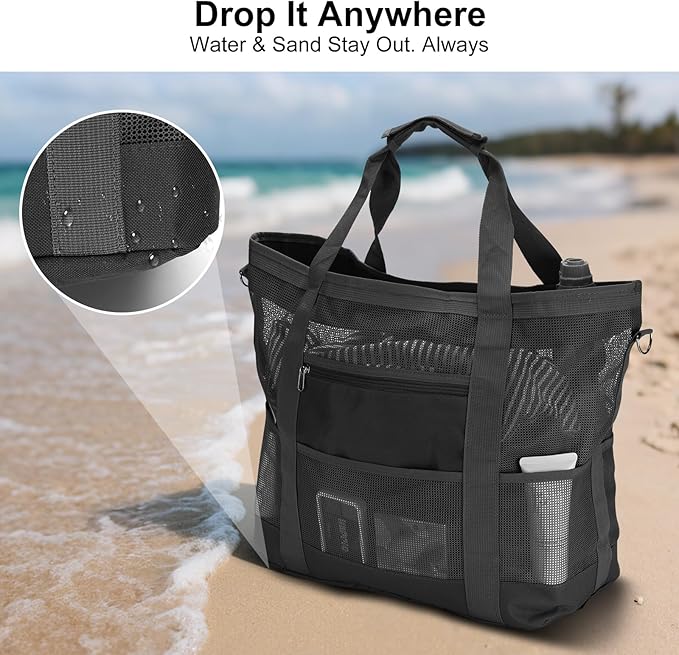 Mesh Beach Bags for Women - Family Beach Tote Bag for Toys, Towels, Travel Vacation Cruise Essentials
