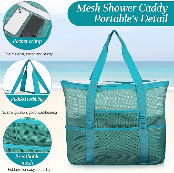 Hillban Large Beach Mesh Bags Bulk for Women Beach Tote Bag with 8 Pocket Zipper Waterproof Sandproof for Pool Cruise Ship