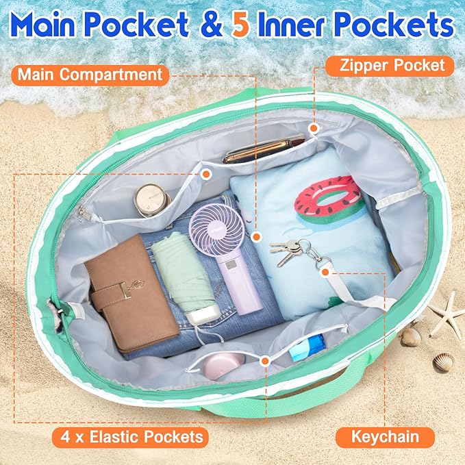 BKNOOU Extra Large Beach Bags Waterproof Sandproof XL Beach Tote Bag for Women Zipper Foldable Swim Pool Bag with Wet Pocket